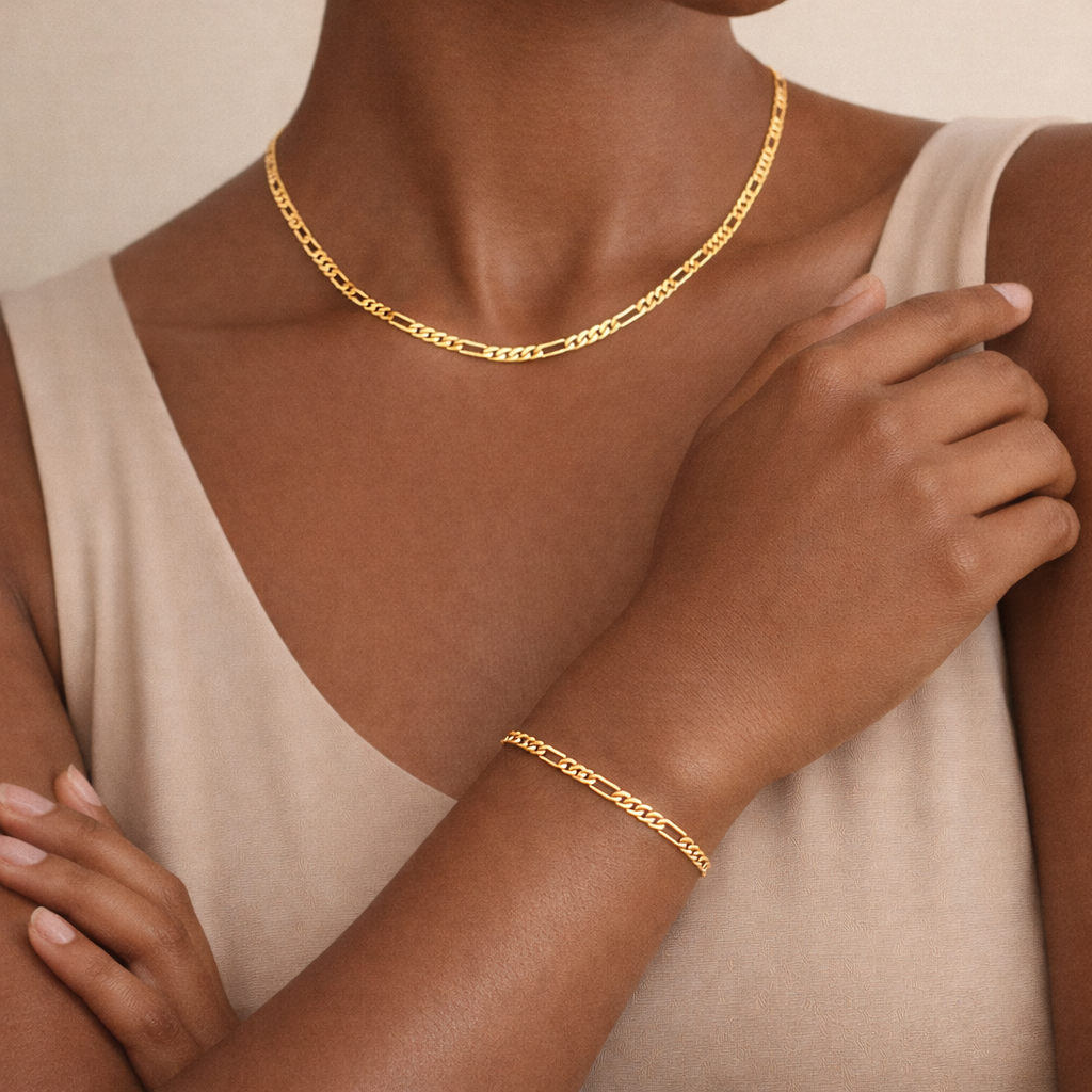 Figaro 18k Gold Filled Necklace and Bracelet Set