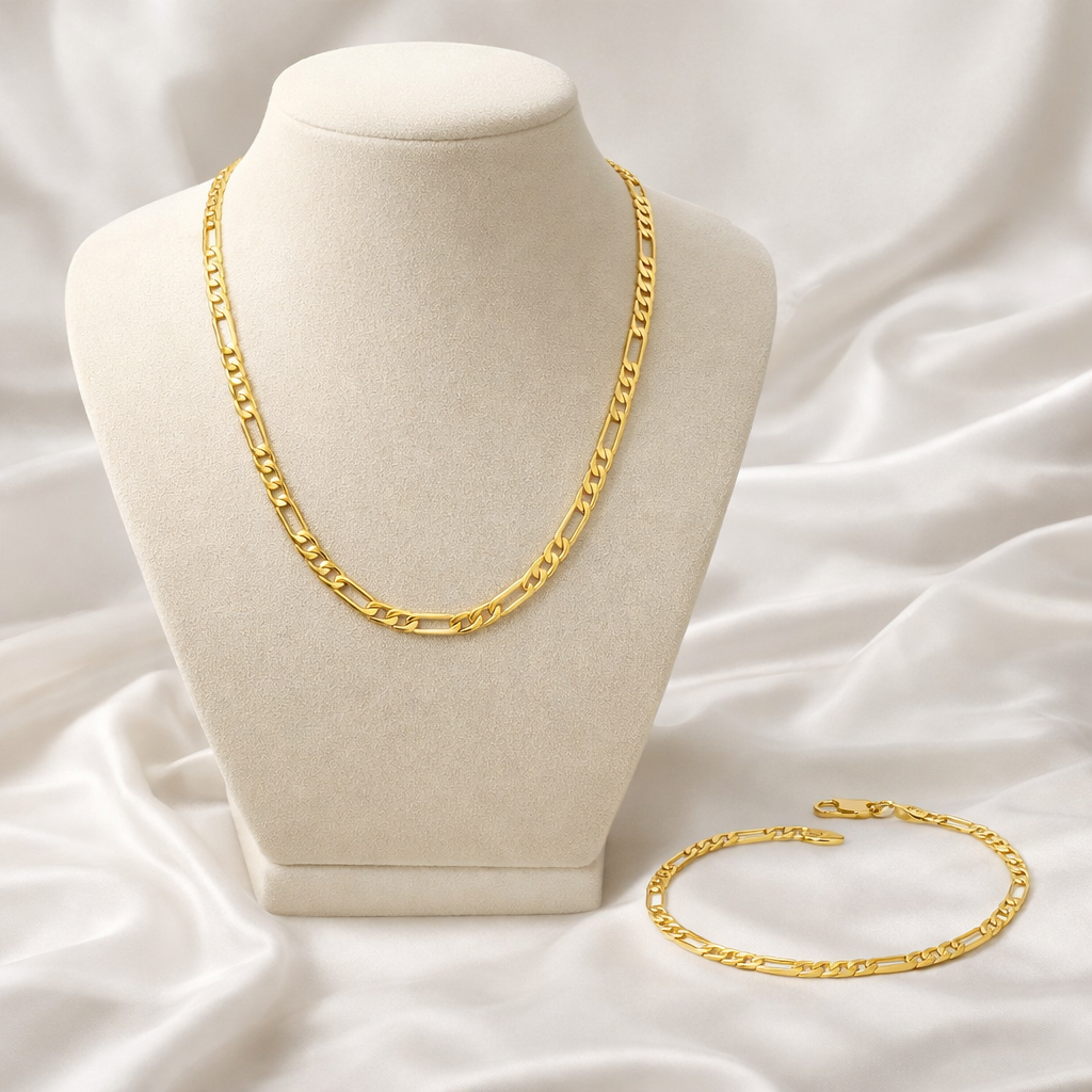 Figaro 18k Gold Filled Necklace and Bracelet Set