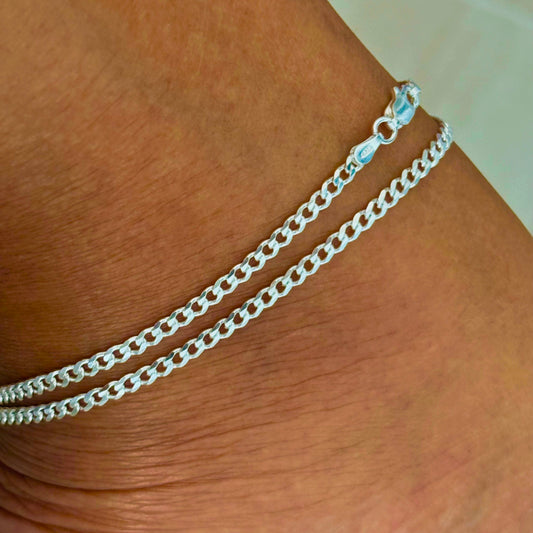 Curb Link Anklet-925 Sterling Silver-3mm
