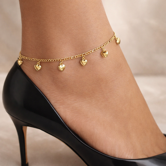 Figaro Link Hearts Anklet-Gold Filled