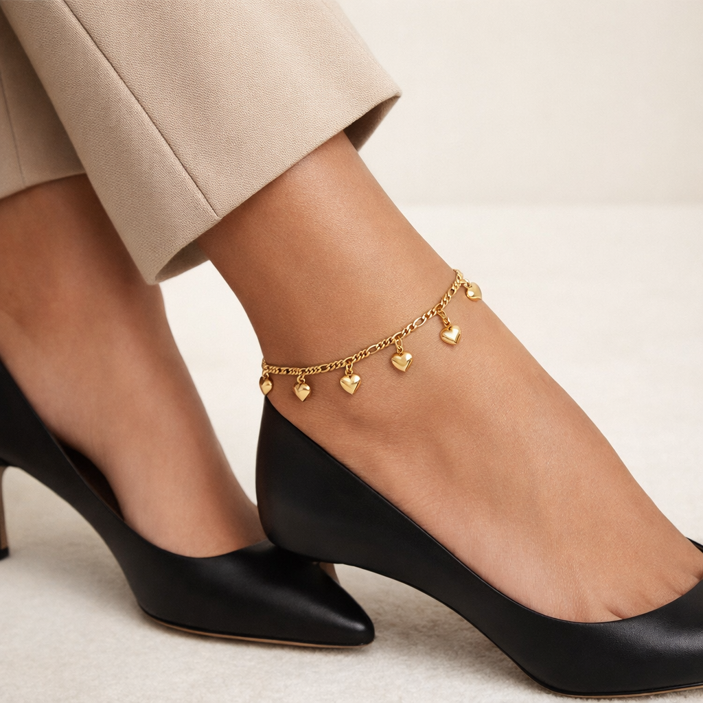 Figaro Link Hearts Anklet-Gold Filled