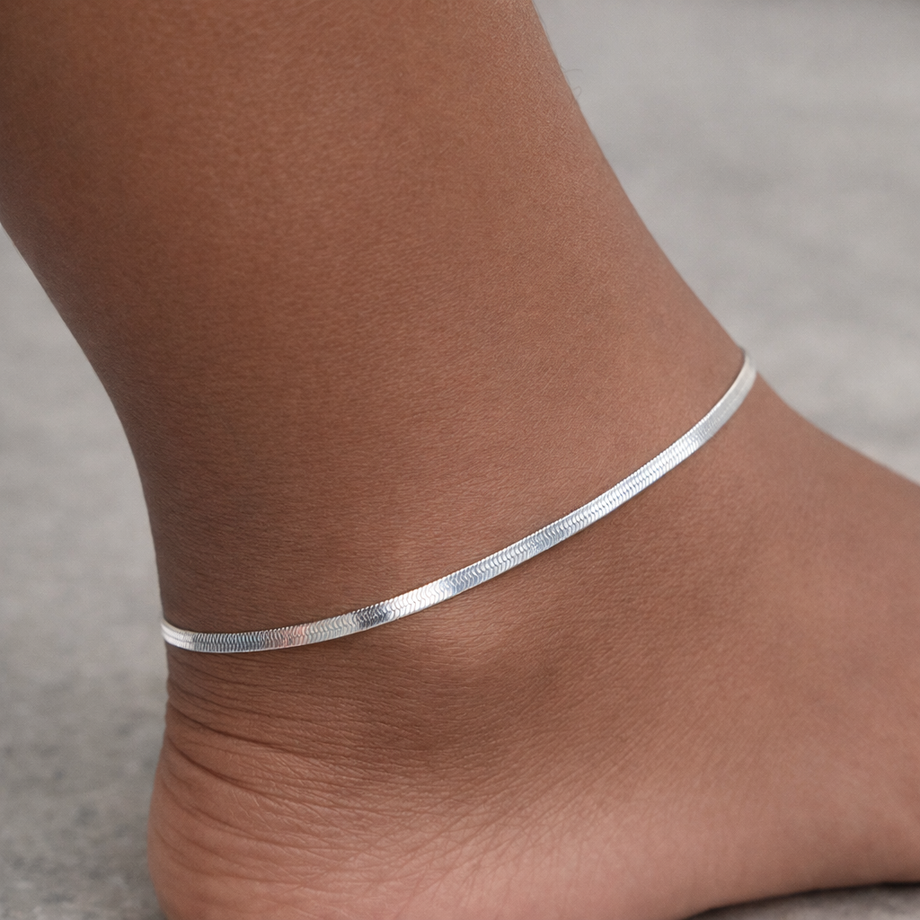 Herringbone Link 925 Sterling Silver Anklet