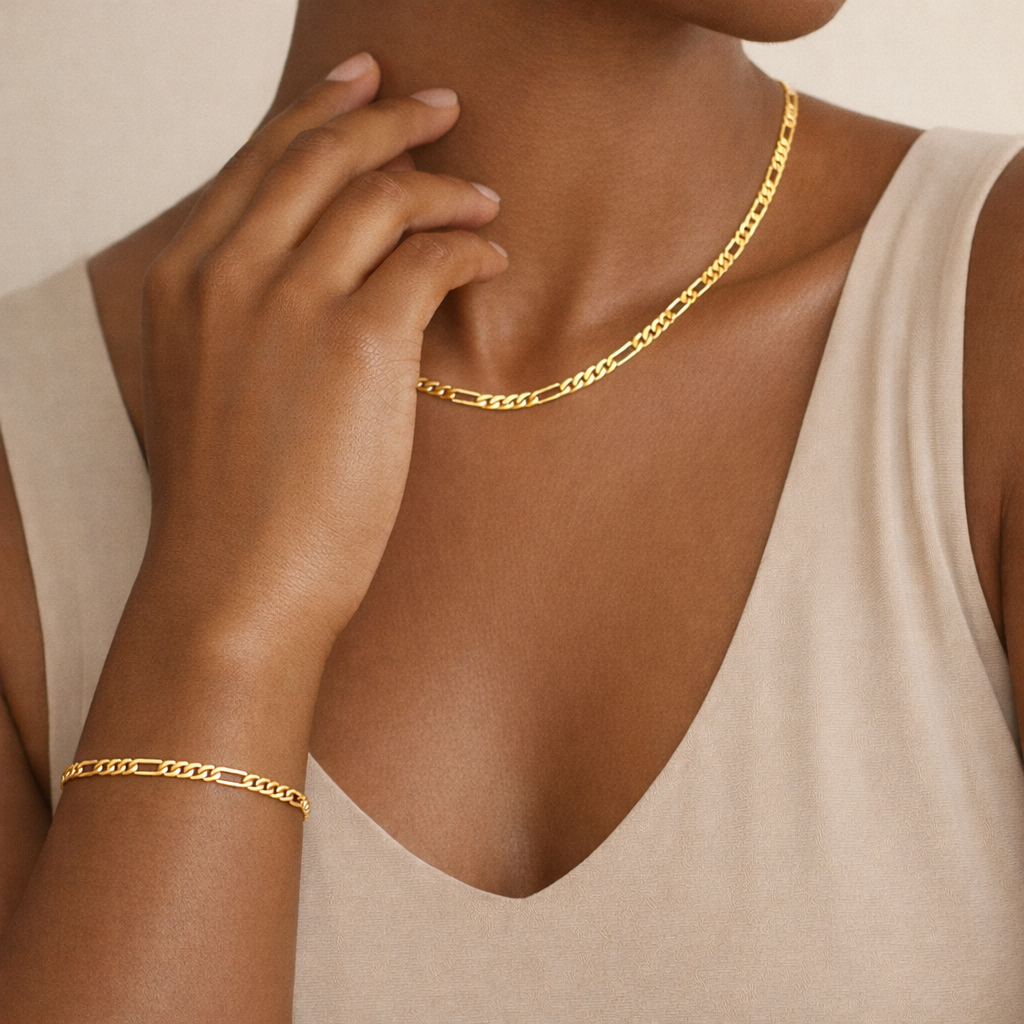 Figaro 18k Gold Filled Necklace and Bracelet Set