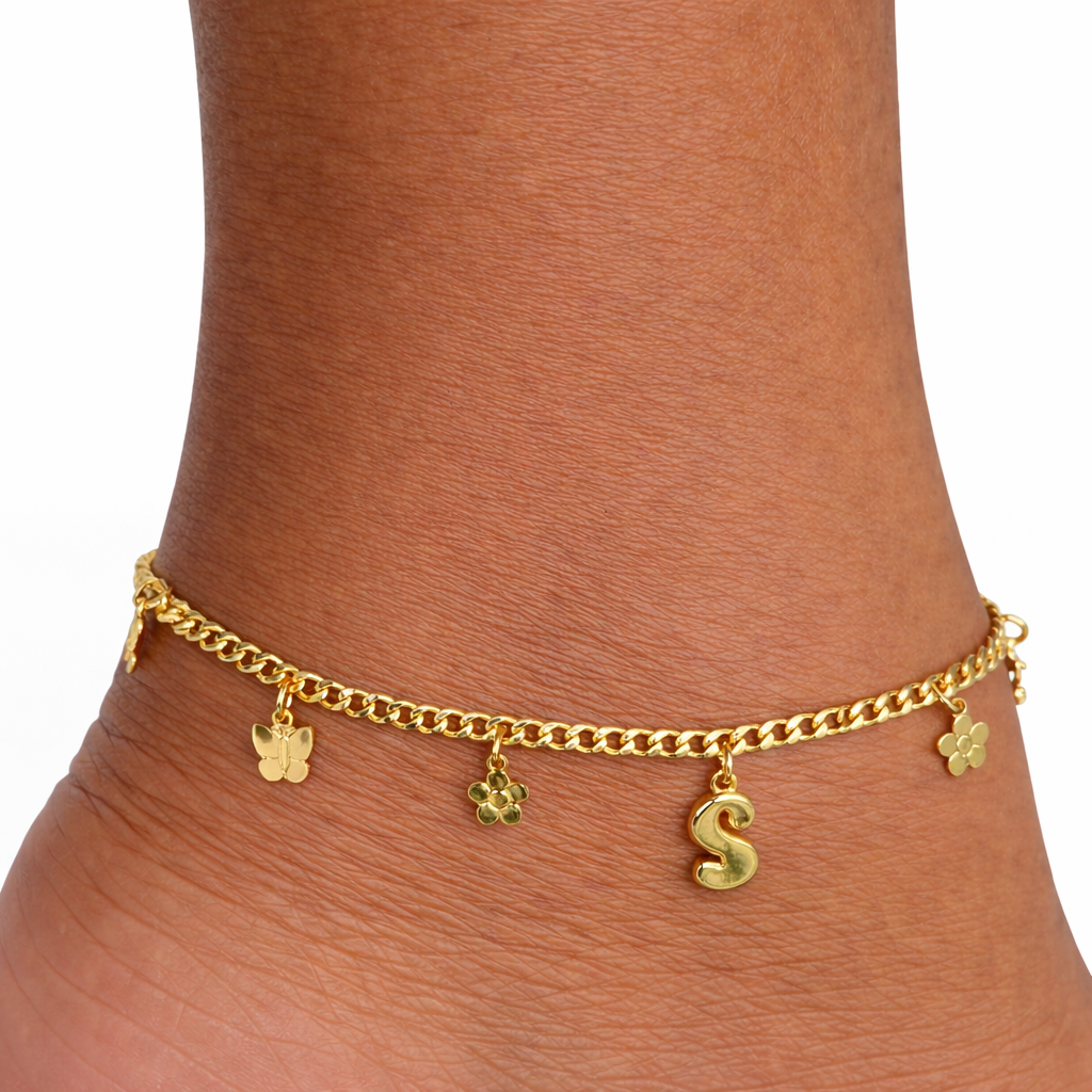 Initial Charm Gold Filled Curb Link Anklet