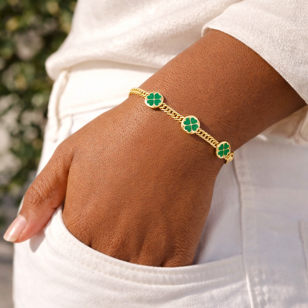 Clover Cuban Link 18k Gold Filled Bracelet