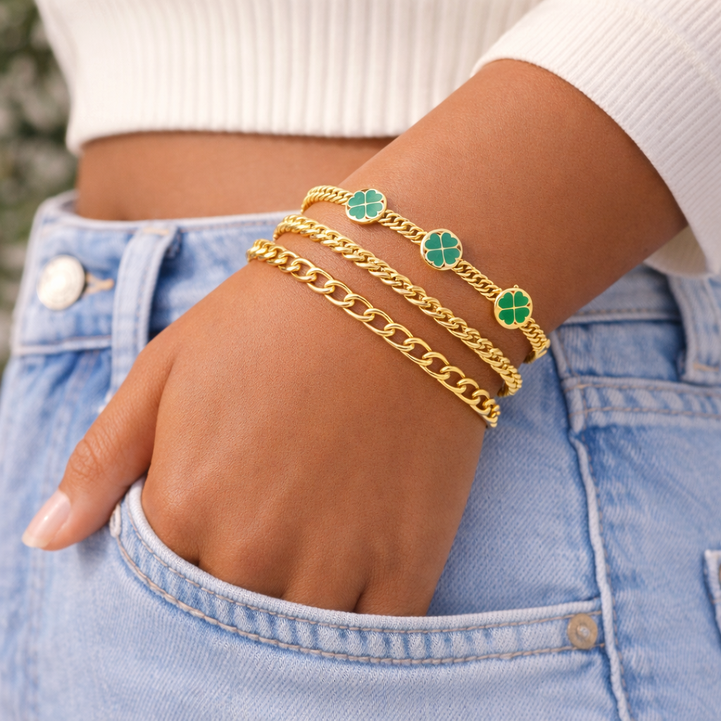Clover Cuban Link 18k Gold Filled Bracelet