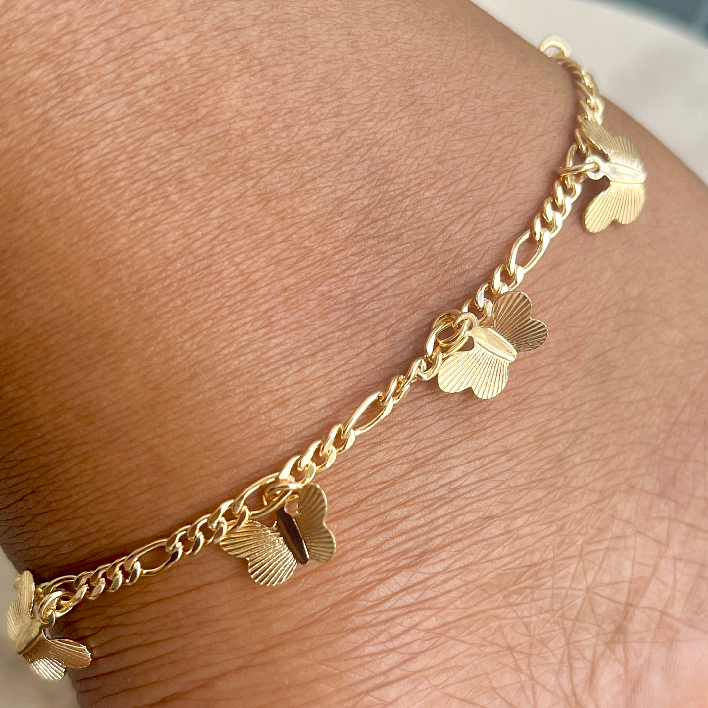 Figaro Link Anklet with butterfly Charms-18k Gold Filled