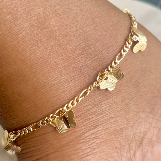 Figaro Link Anklet with butterfly Charms-18k Gold Filled