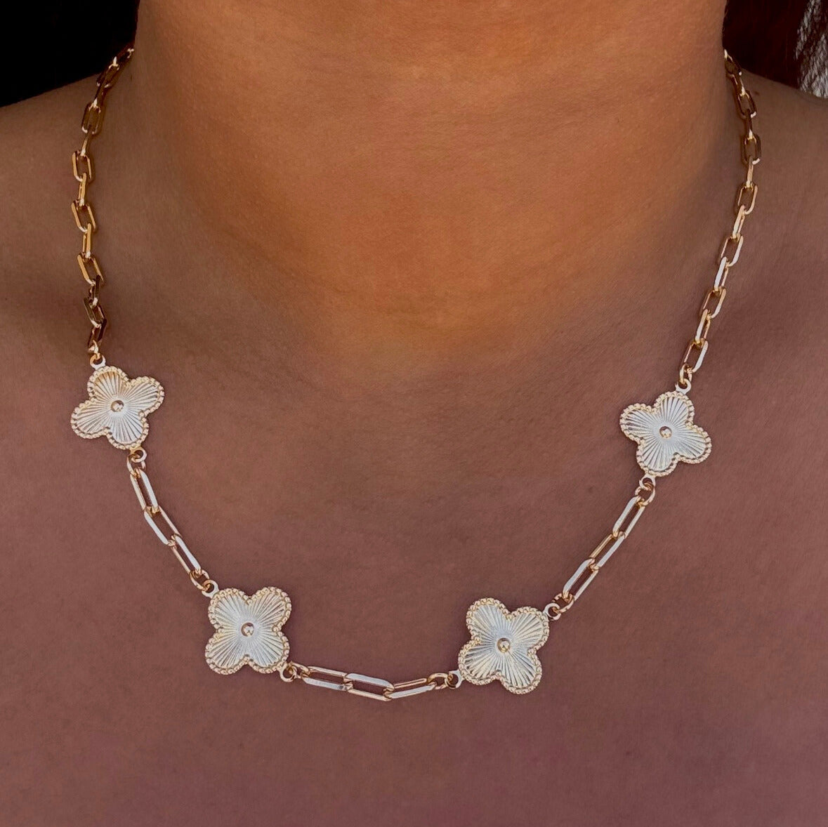 Ava Paper Clip Clover Link Necklace-18k Gold Filled