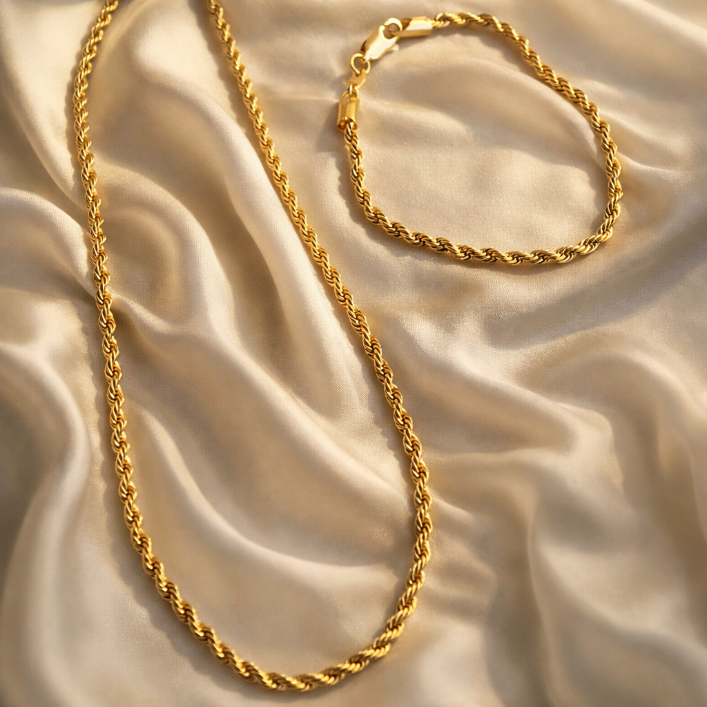 Ariel Rope Link Chain and Bracelet Set-18k Gold Filled